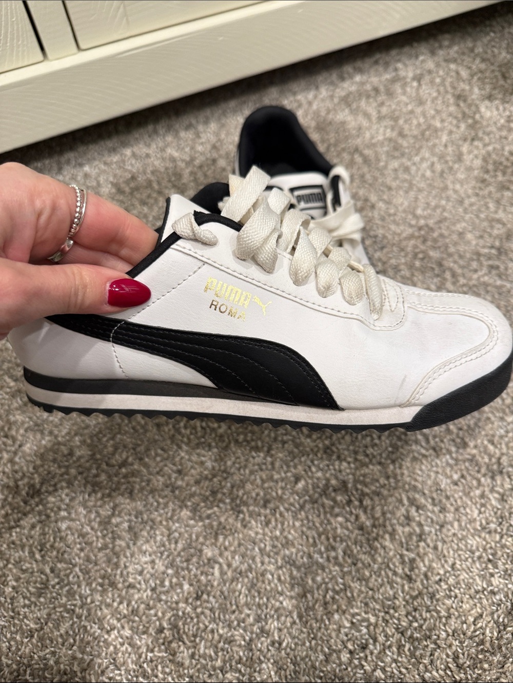 Puma Roma Women’s Sneakers — White with Black and Gold Detail